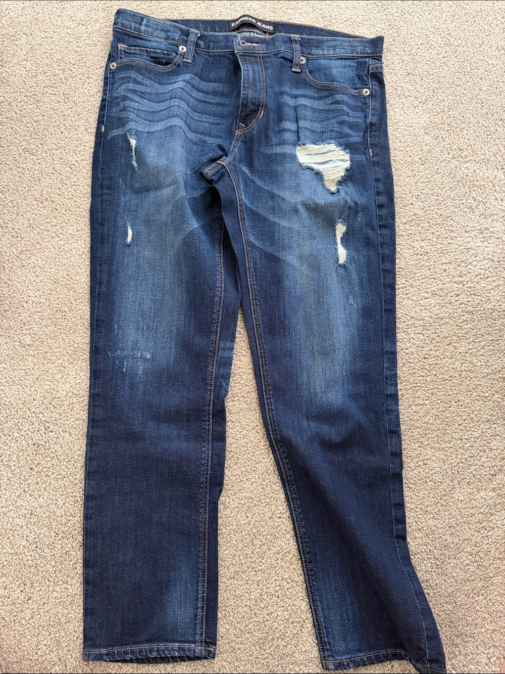 EXPRESS WOMEN’SDistressed Dark Blue Jeans - GIRLFRIEND FIT, LIKE NEW!